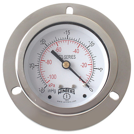 WINTERS Vacuum Gauge, -30 to 0 in Hg, 1/4 in MNPT, Silver PFQ900-DRY-25FF