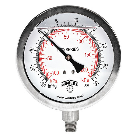 WINTERS Compound Gauge, -30 to 0 to 30 psi, 1/4 in MNPT, Silver PFQ762-DRY