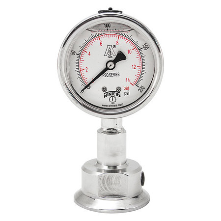 Winters Pressure Gauge, 0 to 200 psi, 1 1/2 in Triclamp, Silver PSQ15806