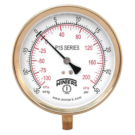 Winters Compound Gauge, -30 to 0 to 30 psi, 1/4 in MNPT P1S412