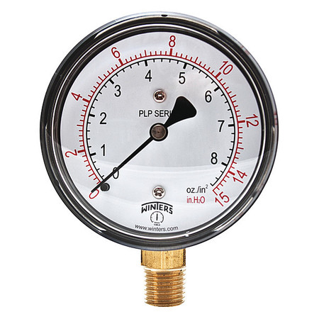 Winters Pressure Gauge, 0 to 15 in wc, 1/4 in MNPT, Black PLP300