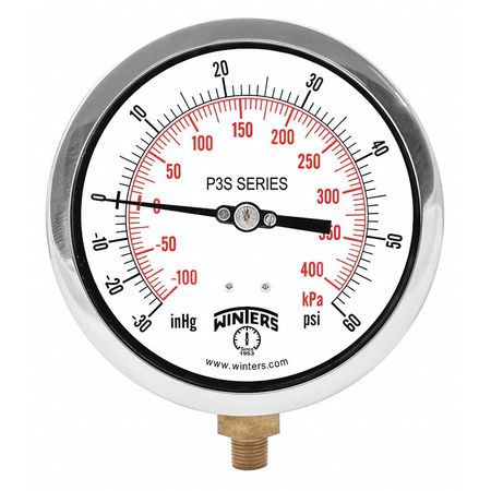 WINTERS Compound Gauge, -30 to 0 to 60 psi, 1/4 in MNPT, Black P3S6003