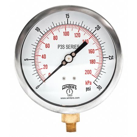 Winters Pressure Gauge, 0 to 30 psi, 1/4 in MNPT, Black P3S6009