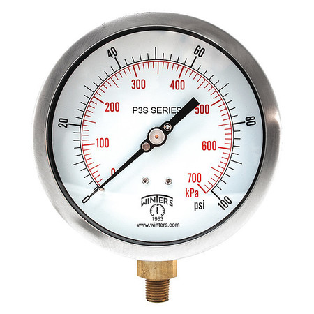 WINTERS Pressure Gauge, 0 to 100 psi, 1/4 in MNPT, Black P3S6011-MAXI45