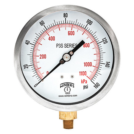 Winters Pressure Gauge, 0 to 160 psi, 1/4 in MNPT, Black P3S6012-MAXI45