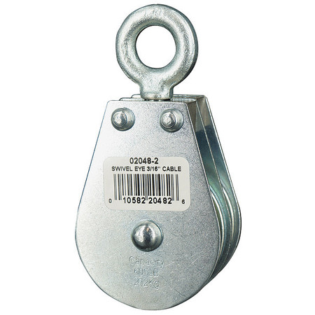 ZORO SELECT Pulley Block, Wire Rope, 3/16 in Max Cable Size, 600 lb Max Load, Zinc Plated 02048-2-C