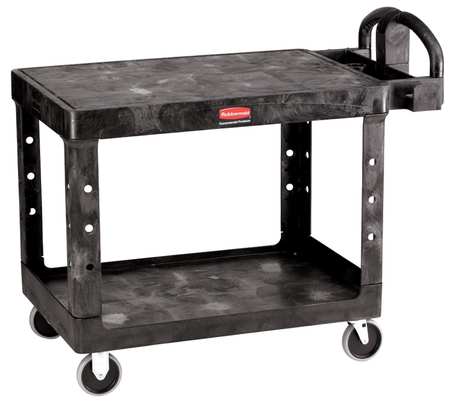 Rubbermaid Commercial Utility Cart with Deep Lipped & Flush Plastic Shelves, Plastic, Ergonomic, 2 Shelves, 500 lb FG452500BLA