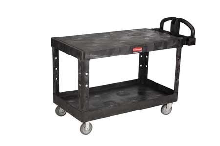 RUBBERMAID COMMERCIAL Utility Cart with Deep Lipped & Flush Plastic Shelves, Plastic, Ergonomic, 2 Shelves, 750 lb FG454500BLA