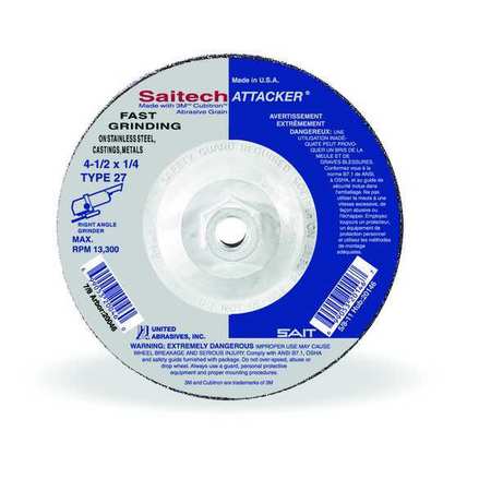 United Abrasives/Sait Depressed Center Grinding Wheel, 27, 4-1/2" Dia, 1/4" Thick, 5/8"-11 Arbor Hole Size, Ceramic 20146