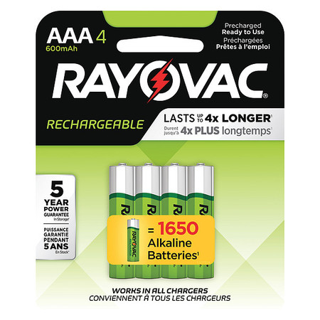 RAYOVAC Precharged Recharg. Battery, AAA, NiMh, PK4 LD7244