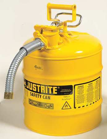 Justrite Type II Safety Can, 5 Gal Capacity, For Use With Diesel, Galvanized Steel, Yellow, Includes Hose 7250230