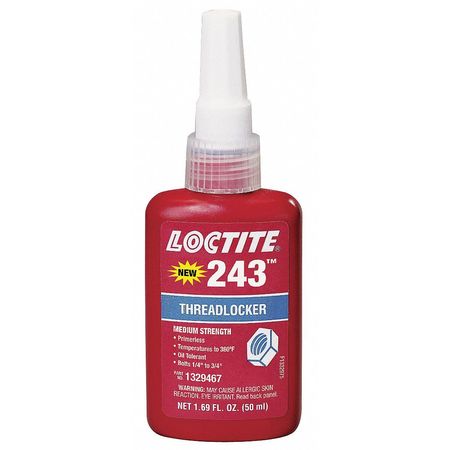 Loctite Primerless Threadlocker, LOCTITE 243, Blue, Medium Strength, Liquid, 50 mL Bottle 1329467