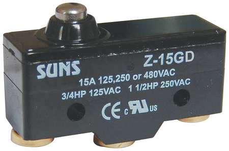 ZORO SELECT Industrial Snap Action Switch, Plunger, Short Actuator, SPDT, 15A @ 480V AC Contact Rating 5JED5