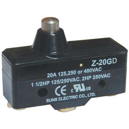 ZORO SELECT Industrial Snap Action Switch, Plunger, Short Actuator, SPDT, 20A @ 480V AC Contact Rating 5JEE9