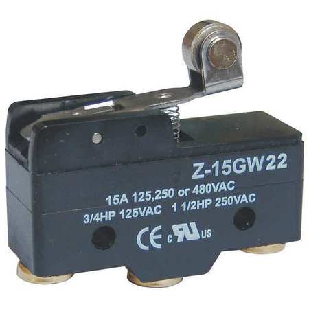 ZORO SELECT Industrial Snap Action Switch, Hinge Roller, Lever Actuator, SPDT, 15A @ 480V AC Contact Rating 5JEE4