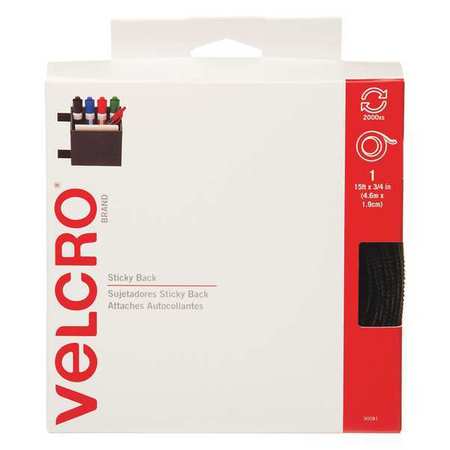 Velcro Brand Reclosable Fastener, Rubber Adhesive, 15 ft, 3/4 in Wd, Black 90081
