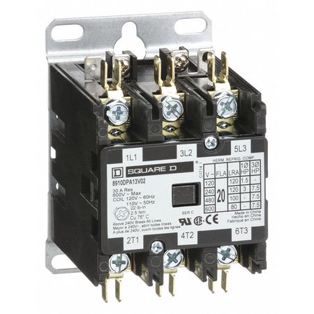 Square D 120VAC Non-Reversing Definite Purpose Contactor 3P 20A 8910DPA13V02