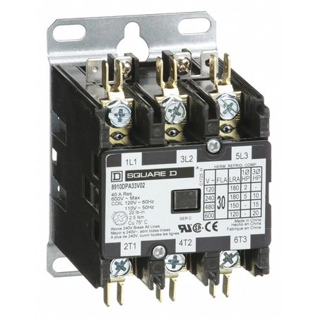 Square D Definite Purpose Magnetic Contactor, 3 Poles, 30 A Full Load Amps-Inductive, 120V AC, 50/60 Hz 8910DPA33V02