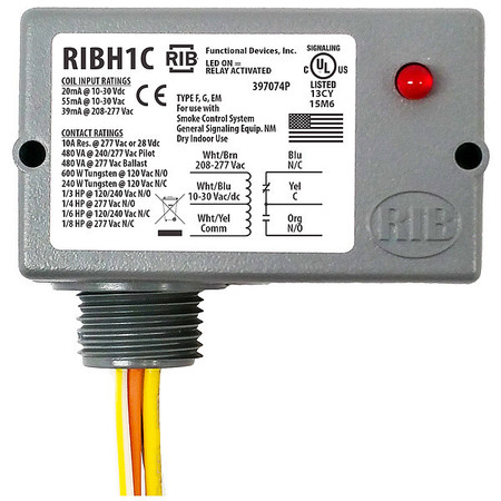 Functional Devices-Rib Enclosed Pre-Wired Relay, 10A@277VAC, SPDT, Lead Length: 16 in RIBH1C