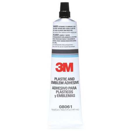 3M Plastic/Emblem Adhesive, 5 oz, Tube, Clear, Synthetic Elastomer Base, Begins to Harden in 5 min, 6PK 08061