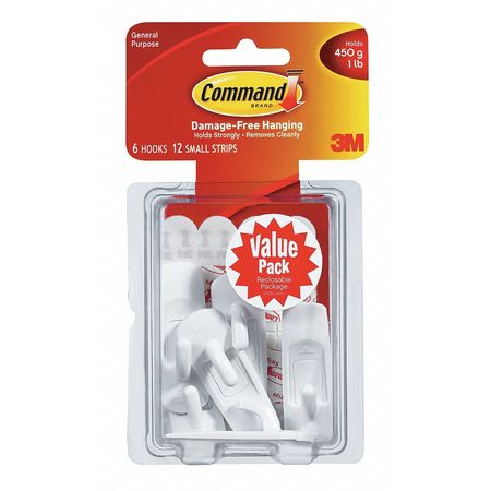 Command Hook, Molded Plastic, 5/8 In, PK6 17002