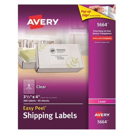 Avery Avery® Clear Easy Peel® Shipping Labels for Laser Printers 5664, 3-1/3" x 4", Box of 300 727825664