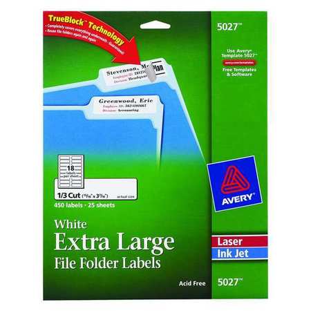Avery Avery® White Extra-Large File Folder Labels for Laser and Inkjet Printers 5027, 15/16" x 3-7/16", Pack of 450 7278205027