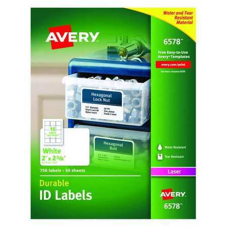 AVERY Avery® White Permanent Durable ID Labels for Laser Printers 6578, 2" x 2-5/8", Box of 750 727826578