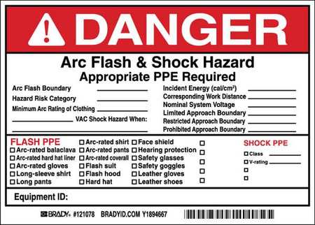 BRADY Arc Flash Protection Label, PK5, 121078 121078