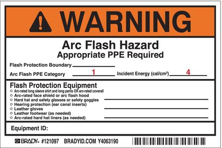 BRADY Arc Flash Protection Label, 4 In. H, PK5 121097