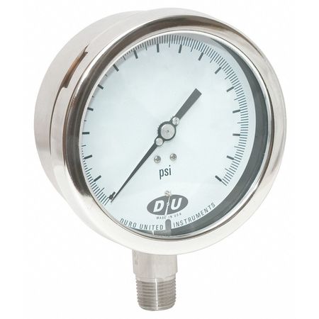Duro Pressure Gauge, 0 to 15 psi, 1/2 in MNPT, Stainless Steel, Silver 4207-0233-CERT