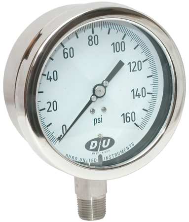 DURO Pressure Gauge, 0 to 160 psi, 1/2 in MNPT, Stainless Steel, Silver 4207-0633-CERT