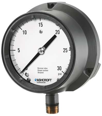 ASHCROFT Pressure Gauge, 0 to 30 psi, 1/2 in MNPT, Plastic, Black 451379ASL04L30#
