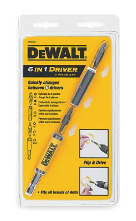 Dewalt 4PC 6 IN 1 DRIVER #2PH/#8SL - #2SQ/#1SQ 1/4" Nutsetter, 5/16" Nutsetter DW2330