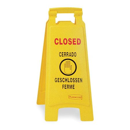 RUBBERMAID COMMERCIAL Closed Floor Sign, 25 in H, 11 in W, HDPE, Triangle, English, French, German, Spanish, FG611278YEL FG611278YEL