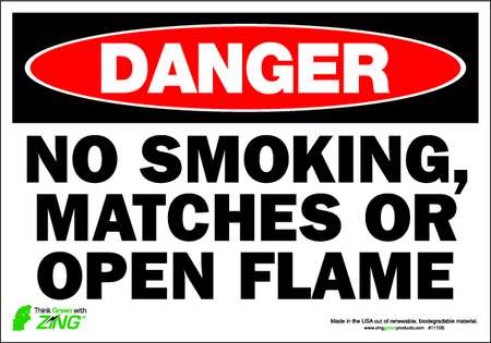 Zing Danger No Smoking Sign, 7" H, 10" W, Polyester, Rectangle, English, 1110S 1110S
