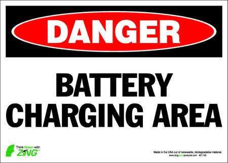 ZING DANGER Sign, Battery Charging Area, ADH, Width: 14" 2113S