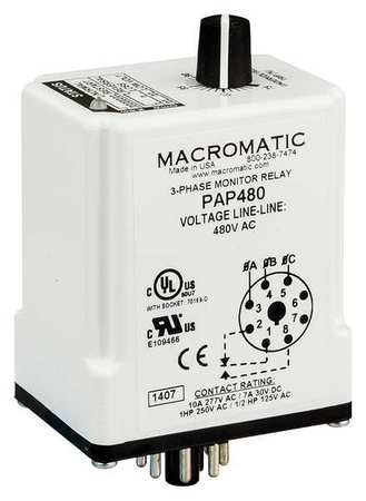 Macromatic 3 Phase Monitor Relay, SPDT, 208VAC, 8 Pin PAP208