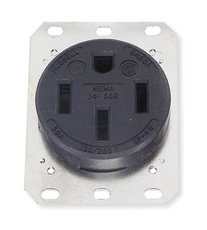 HUBBELL Straight Blade Receptacle, 1 Outlet, NEMA 14-50R, 50 A, 125/250V AC, 3 Poles, 4 Wires, Black HBL9450A