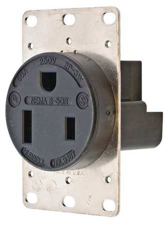 Hubbell Receptacle, 50 A Amps, 250V AC, Flush Mount, Single Outlet, 6-50R, Black HBL9367