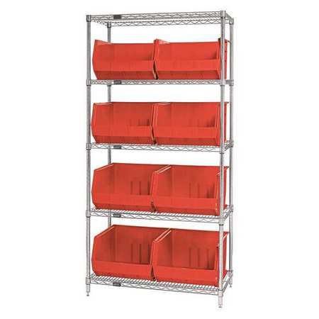 PARTNERS BRAND Wire Shelving Unit with (8) Bins, 5 Shelf, 36" x 18" x 74", Red, 1/Each WSBQ270R