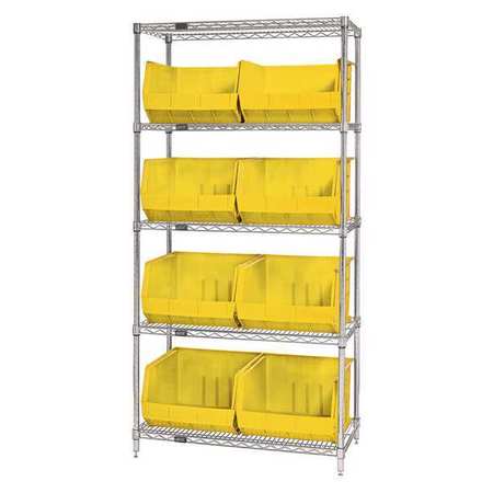 PARTNERS BRAND Wire Shelving Unit with (8) Bins, 5 Shelf, 36" x 18" x 74", Yellow, 1/Each WSBQ270Y