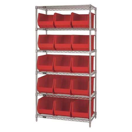 PARTNERS BRAND Wire Shelving Unit with (15) Bins, 6 Shelf, 36" x 18" x 74", Red, 1/Each WSBQ260R