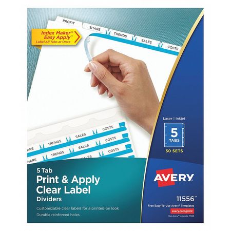 AVERY DENNISON Printable Index Dividers, 5 Tab, White, Pk50 11556