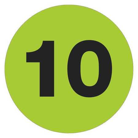 TAPE LOGIC Tape Logic® Number Labels, "10", 1" Circle, Fluorescent Green, 500/Roll DL6760