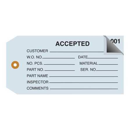 PARTNERS BRAND Inspection Tags, 2 Part, Numbered 001-499, "Accepted", 4 3/4" x 2 3/8", Blue, 500/Case G21011