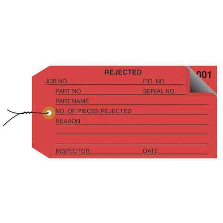PARTNERS BRAND Inspection Tags, 2 Part, Numbered 001-499, Pre-Wired, "Rejected", 4 3/4" x 2 3/8", Red, 500/Case G21023