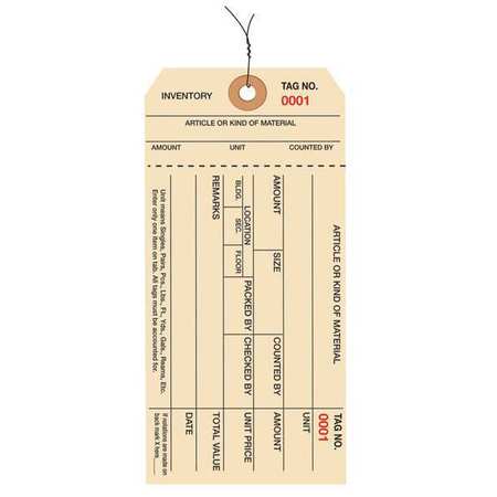 PARTNERS BRAND Inventory Tags, 1 Part Stub Style #8, Pre-Wired, (2000-2999), 6 1/4" x 3 1/8", Manila, 1000/Case G18033