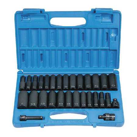 GREY PNEUMATIC 3/8" Drive Deep Length Impact Set, SAE/Metric, 29 pcs 1229DM