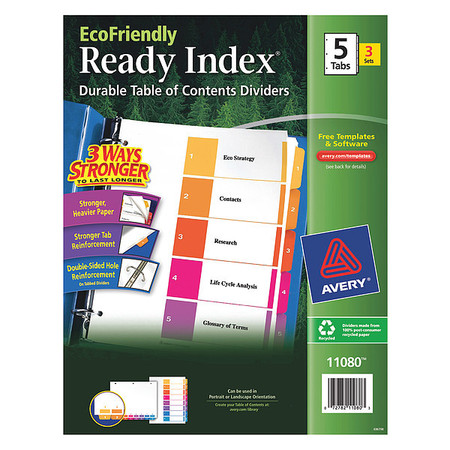 AVERY DENNISON Table of Contents Index Divider 5 Tabs, Recycled, Pk3 11080